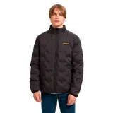 Chaqueta gris con cierre frontal, bolsillos laterales y logo de Caterpillar en el pecho. Resistente al agua y al viento, con aislamiento reciclado y ribete elástico en puños y dobladillo.