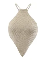 Top de tejido crochet color beige, con tirantes finos y espalda descubierta.