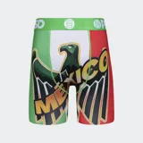 Calzoncillos bóxer de la marca PSD con diseño alusivo a la bandera de México, con el águila y la palabra "México" en el frente.