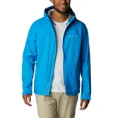 Campera impermeable Columbia Evapouration Jacket, color celeste, con capucha ajustable, cierre frontal completo, bolsillos laterales con cierre y ventilación en las axilas.