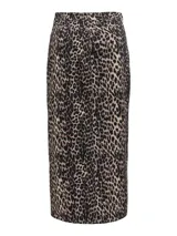 Falda midi de tiro alto con estampado animal print de leopardo en tonos beige y negro. Tiene abertura frontal y cierre con botones.