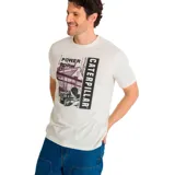Remera de manga corta color crema con estampado de maquinaria de construcción y el logo de Caterpillar.