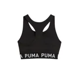 Sujetador deportivo Puma 4Keeps negro con logo blanco en el frente y banda inferior con la inscripción "PUMA PUMA PUM". Diseño de espalda deportiva y almohadillas removibles.