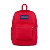Mochila roja de un compartimento, con bolsillo frontal y lateral para botella, ideal para llevar una laptop de hasta 15 pulgadas.