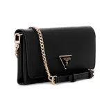 Mini bolso bandolera Guess Noelle color negro con correa de cadena dorada y logo triangular dorado.