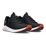 Championes de running Under Armour Charged Aurora, color negro con detalles estampados en azul y naranja, suela blanca y cordones moteados.