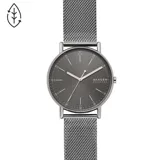 Reloj Skagen Signature con caja plateada de 40mm, esfera gris y malla metálica plateada de acero inoxidable.