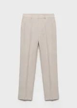 Pantalón de lino color beige, de corte recto y tiro alto, con bolsillos laterales y traseros.