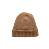 Gorro de lana color marrón, diseño clásico con dobladillo y etiqueta de la marca.