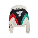 Buzo de algodón color crema con bloques de color en el pecho y mangas. El diseño central es negro con un gráfico estilizado de un león en blanco y la palabra "ITALIA" arriba. Los bloques laterales son rojo y verde, simulando la bandera italiana. Presenta un parche con el texto "ITALIAN WORLD CUP" en la manga izquierda.