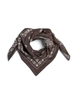 Pañuelo cuadrado de algodón reciclado color marrón con estampado de cachemira en blanco y borde de puntos.