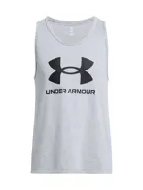 Musculosa gris de Under Armour con logo grande negro estampado en el frente.