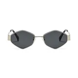 Lentes de sol unisex con forma hexagonal, montura plateada y lentes grises con filtro UV 400.
