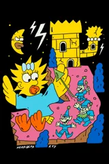 Remera negra de algodón con estampa en la espalda de Maggie Simpson gigante, una torre eléctrica, duendes, rayos y una luna.