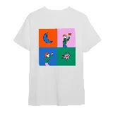 Remera blanca de algodón con estampado pequeño en el pecho izquierdo que dice "WTF (WHERE IS THE FOOD)" y un dibujo de una estrella rosa y violeta.