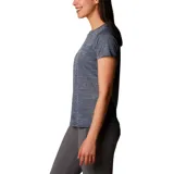 Remera deportiva Columbia color gris con estampado de líneas horizontales y logo de la marca en el pecho.