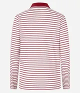 Blusa de algodón a rayas horizontales blancas y rojas, con cuello polo rojo, mangas largas y bordado de cerezas en el pecho.