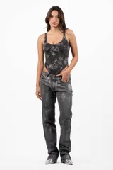 Body negro con efecto tie-dye, de algodón con lycra, sin mangas y con escote redondo.