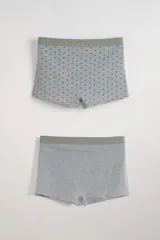 Pack de dos boxers cortos de algodón gris melange, uno liso y otro estampado con palmeras.