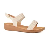 Sandalias bajas negras con plataforma, tiras de cuero sintético fruncido y hebilla lateral.