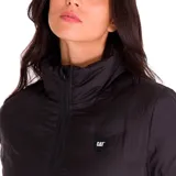 Campera puffer azul con cierre frontal, cuello alto y logo de la marca bordado en el pecho.