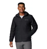 Campera Columbia con capucha, color verde oliva en la parte superior y gris claro en la parte inferior. Cuenta con cierre frontal, bolsillos laterales con cierre y logo de la marca en el pecho.