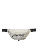 Riñonera Jack & Jones color crema con logo estampado en azul marino y cordones elásticos en el bolsillo frontal.