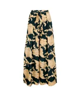 Pantalón palazzo de tiro alto con estampado floral en tonos beige y verde oscuro.