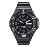 Reloj Casio modelo MRW210H-1AVDF, con caja y correa de resina color negro, esfera negra con números arábigos blancos y agujas luminiscentes.