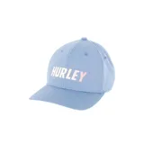 Gorro tipo béisbol de color celeste jaspeado, con visera curva y ajuste regulable en la parte trasera. Presenta el logo "HURLEY" estampado en el frente con un degradado de blanco a rosado.