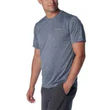 Remera gris jaspeado de manga corta, cuello redondo y logo de la marca Columbia estampado en el pecho.