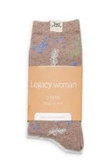 Pack de dos pares de medias de tejido de punto color marrón topo, con diseño estampado de motivos botánicos en tonos blanco, azul y verde.