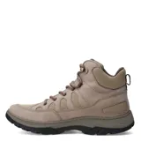 Bota de caña media color gris topo, con cordones y detalles en tela de red negra. Suela de goma negra y beige.
