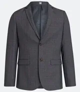 Blazer de hombre, corte slim, color gris oscuro con estampado cuadrillé sutil. Presenta cuello solapa, cierre frontal de un botón y dos bolsillos con solapa.