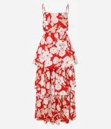 Vestido midi evasé con breteles finos ajustables, escote recto, recortes abiertos laterales, capas superpuestas en volados y estampa floral.
