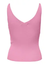 Top de punto rosa con cuello en V, sin mangas y breteles anchos.