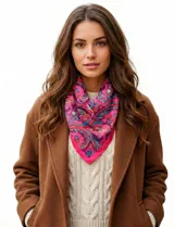 Pañuelo de satén estampado con diseño de arabescos en tonos rosados, azules y violetas.