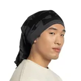 Bufanda ligera de merino con estampado gráfico en tonos grises y negros.