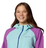 Campera Columbia Spire Valley Wind con capucha, color lila con bloques en azul y verde agua. Cuenta con tecnología termorreflectante Omni-Heat™ y repelente al agua Omni-Shield™.