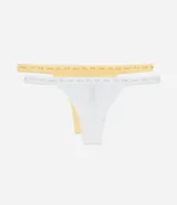 Kit de dos bombachas colaless, una amarilla y otra blanca, con cintura elástica estampada con las palabras "luck, peace, love".