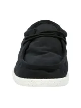 Alpargata negra con cordones elásticos y suela blanca con textura.