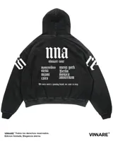 Canguro negro con capucha, de algodón, con estampado en el frente y espalda con el logo de la marca y ciudades del tour.
