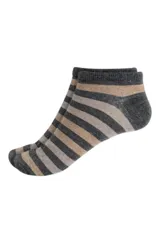 Par de medias tobilleras a rayas horizontales en tonos negro y gris.