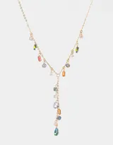Collar dorado con dije central en forma de Y, con cadena de eslabones y colgantes de piedras de colores.