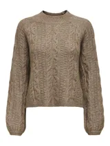 Sweater de punto color marrón claro con cuello alto y mangas abullonadas.