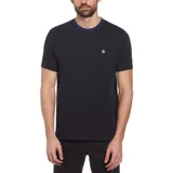 Remera de hombre con cuello redondo y corte slim fit, confeccionada en tejido de punto jersey a rayas horizontales finas.
