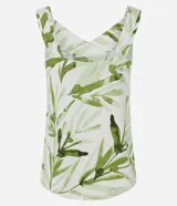 Blusa sin mangas confeccionada en viscolino con escote en V, breteles finos drapeados y estampado de follaje.