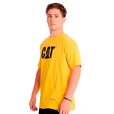 Remera negra de manga corta con logo CAT estampado en el pecho.