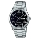 Reloj analógico Casio MTPV006D-1B2UDF para hombre, con caja y correa de acero inoxidable color plata, esfera negra con números arábigos y agujas plateadas, indicador de día de la semana y fecha a las 3, y resistencia al agua.