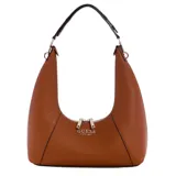Bolso de hombro Guess color marrón con textura granulada, confeccionado en ecopiel doble faz. Tiene cierre superior con cremallera, herrajes dorados, correa fija y bolsillo interno.